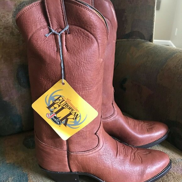 RARE! Mens 8 D Justin European Setter Brown ELK Vintage Cowboy Boots NEW IN BOX! - Picture 1 of 8